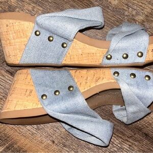 Corkys Light Blue Denim Crisscross Wedge Slides